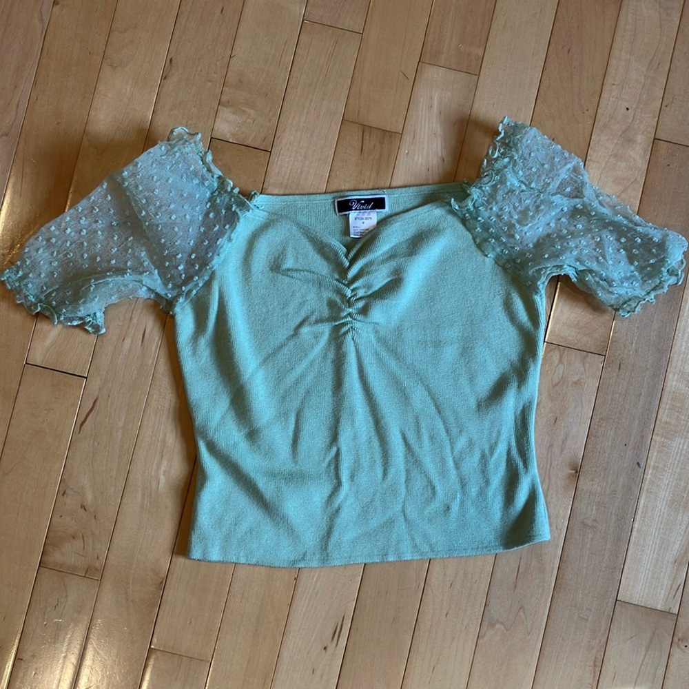 Pale Green Off-the-Shoulder Top with Puff Sleeves, Ruched Top